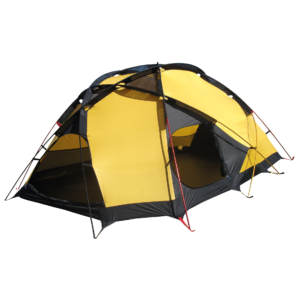 Yellow and black camping tent designed for durability and weather resistance, featuring multiple entrances and ventilation options for outdoor adventures.