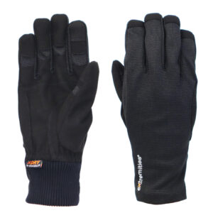 Black thermal gloves designed for warmth and dexterity, featuring a snug fit and textured grip for outdoor activities. Ideal for winter sports and everyday use.