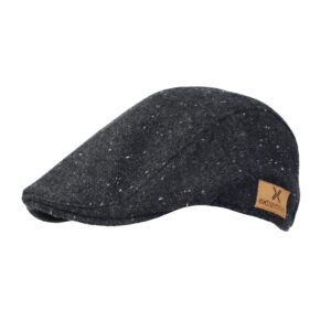 Stylish black wool flat cap with a textured finish and a leather logo tag, perfect for outdoor wear and fashion accessories.