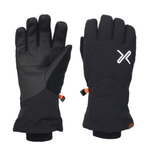 Black winter gloves with a textured grip and adjustable wrist straps, designed for warmth and functionality in cold weather activities.