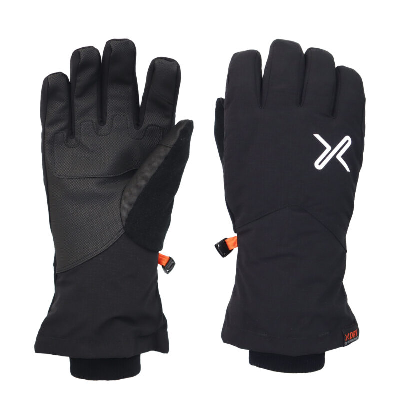 Black winter gloves with a textured grip and adjustable wrist straps, designed for warmth and functionality in cold weather activities.
